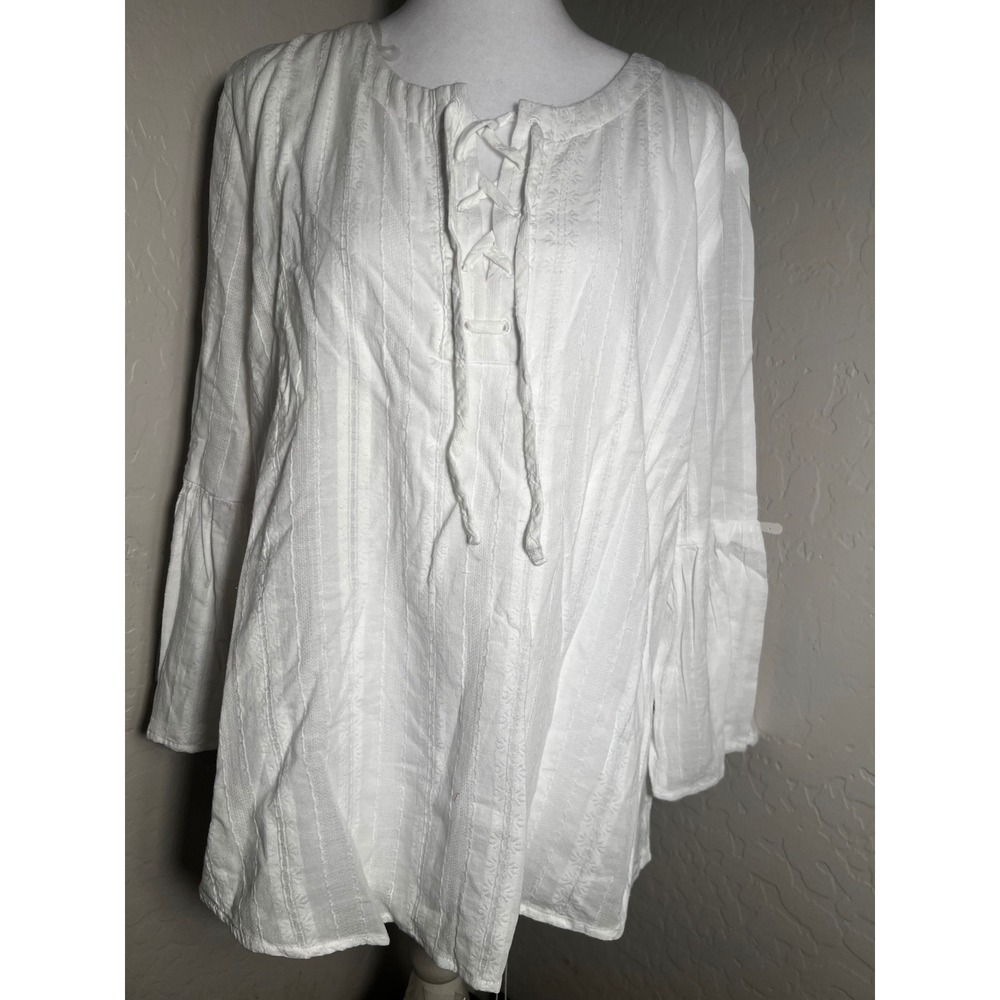 St Johns Bay White Lace Up Peasant Blouse Bell Sleeve Floral Dobby Tunic Large